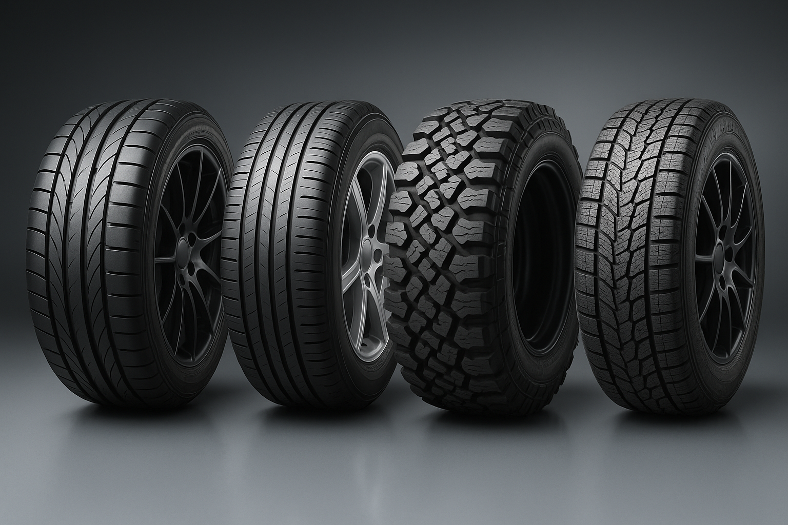 Row of different tire models (performance, touring, off-road, winter) arranged on a gradient background, each with subtle reflection and lighting accentuating tread variety and purpose differentiation.